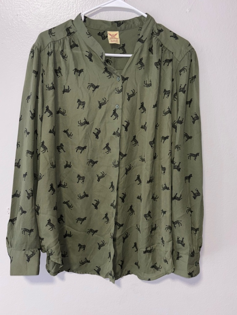 Faded Glory Olive Green Blouse with Black Horse Print